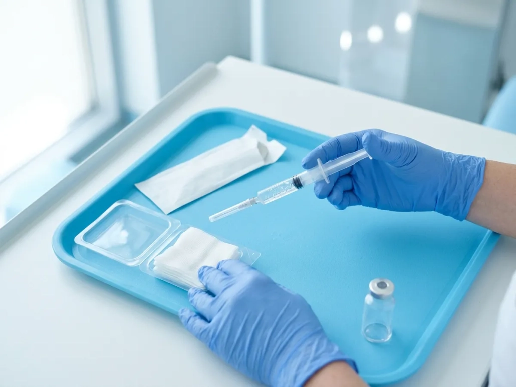 Siringa sterile su vassoio